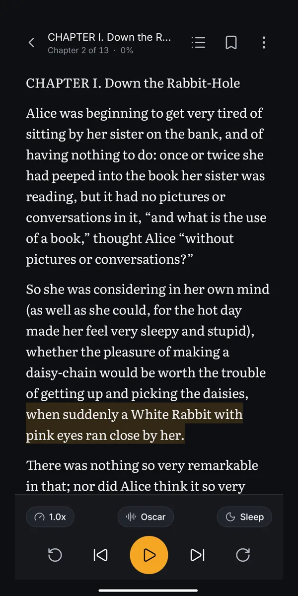 The reader screen with the sentence being read highlighted